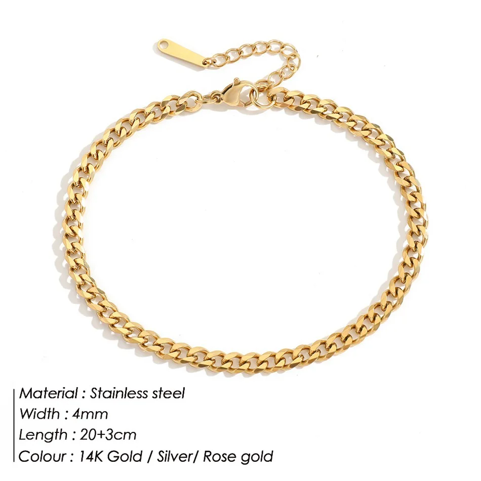 Ankle Chains 4MM Stainless Steel Cuban Chain Anklets for Men Women 14K Gold Color Curb Foot