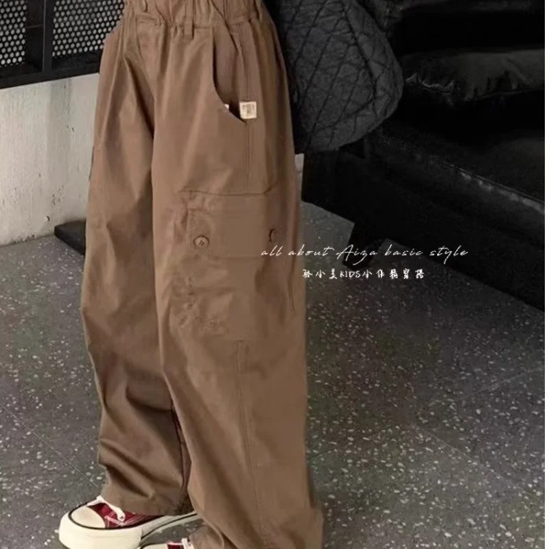 십대 소녀 카고 바지, 느슨한 캐주얼 패션 바지, 멋진 스트리트웨어 바지, 어린이 포켓 디자인, 트렌디 스웻팬츠