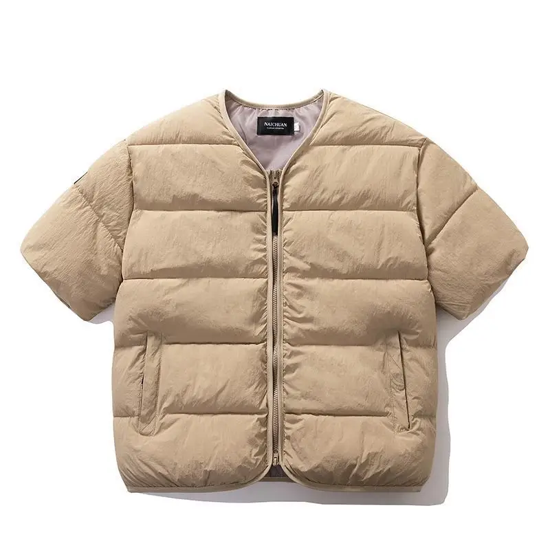 Japanese Couple Short Sleeved Cotton Padded Jacket for Autumn Winter New Warm Collarless Zipper Vest Parkas Men Trendy Outerwear - Image 6
