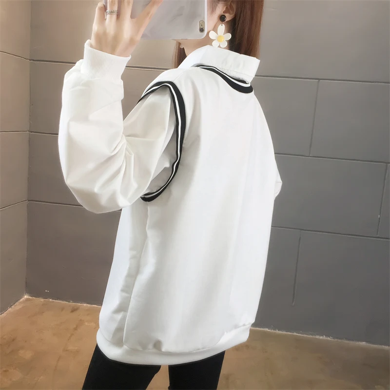 여성용 폴로 넥 긴 풀오버 소매, 스플라이싱 대조 색상, 페이크 투피스 패션, 캐주얼 한국 상의, 용수철 가을