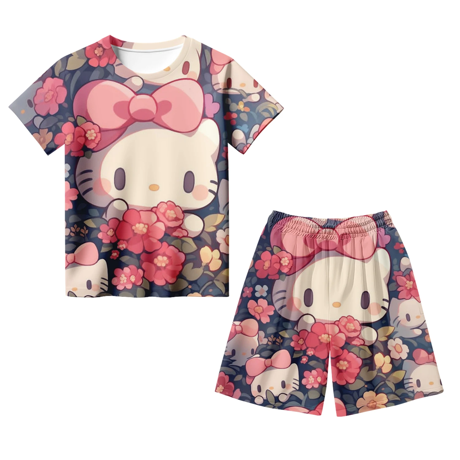 طقم تيشيرت وسراويل قصيرة الأكمام للأطفال طباعة ثلا...