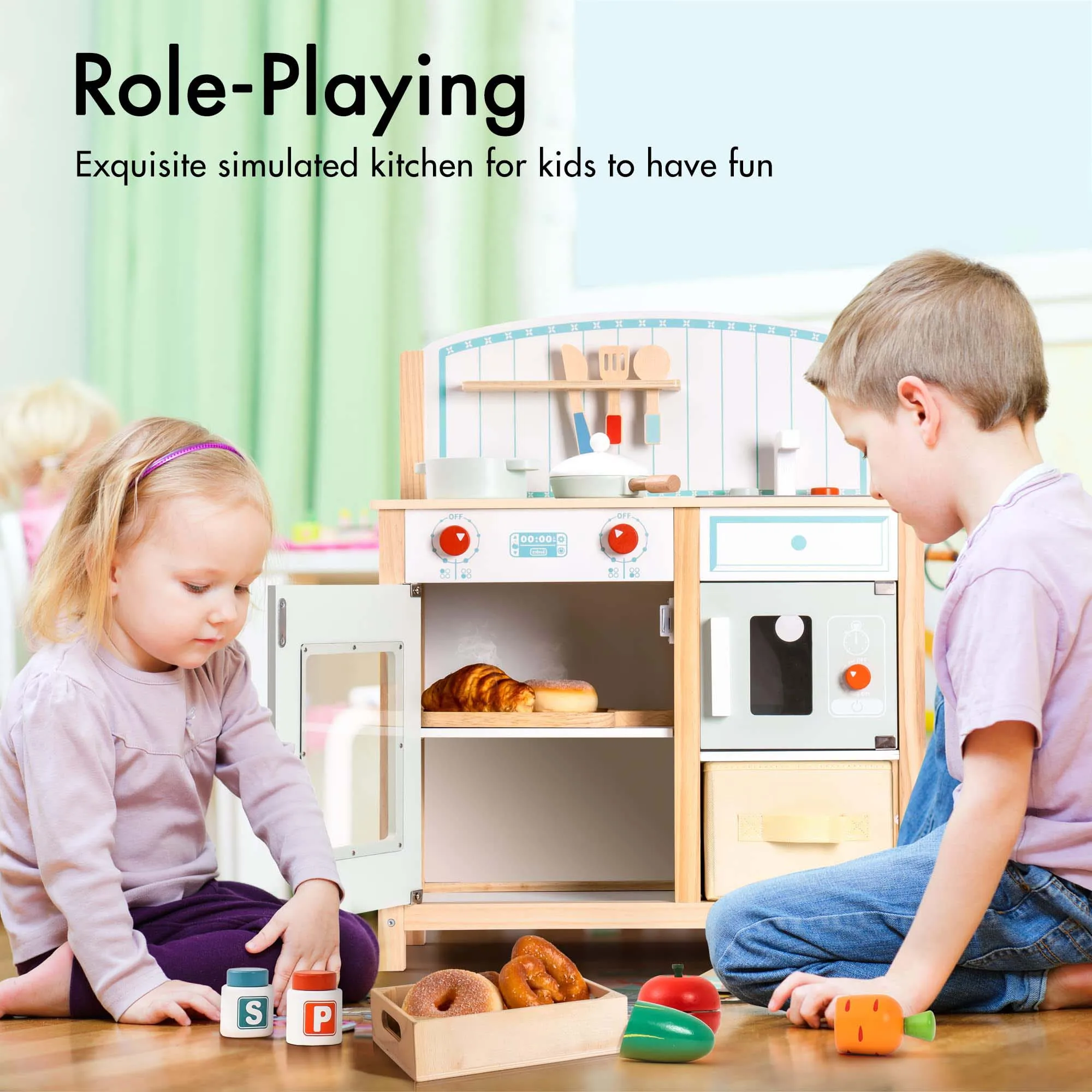 ROBUD Kids Kitchen Playset Wooden Kids Play Kitchen Set Pretend Play for  Toddlers Boys Girls