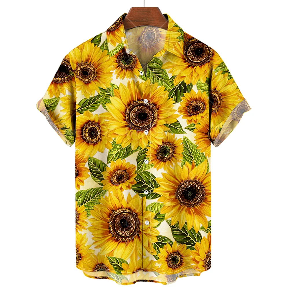 Hawaiian Mens Shirts Sunflower 3d Print Shirts For Men Lapel Fashion Short Sleeve Mens Clothing Loose Oversized Tops
