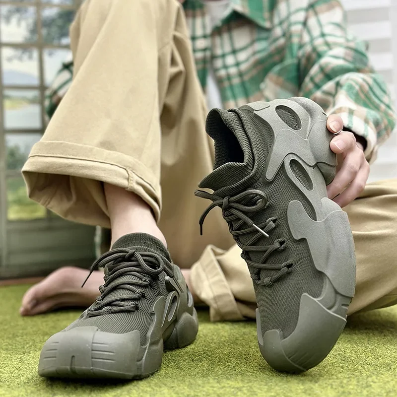 New Men Sock Shoes Breathable Lightweight Lace Up Comfortable Sneakers Round Toe Solid Colour Wear Resistant Vulcanised Shoe 3