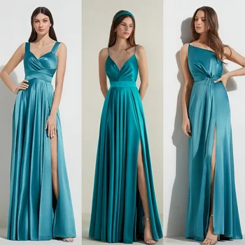 Jade Blue Satin Evening Gown for Women Sexy Square Neck Bridesmaid Dress High Slit Formal Party Dress Long Dress for Party