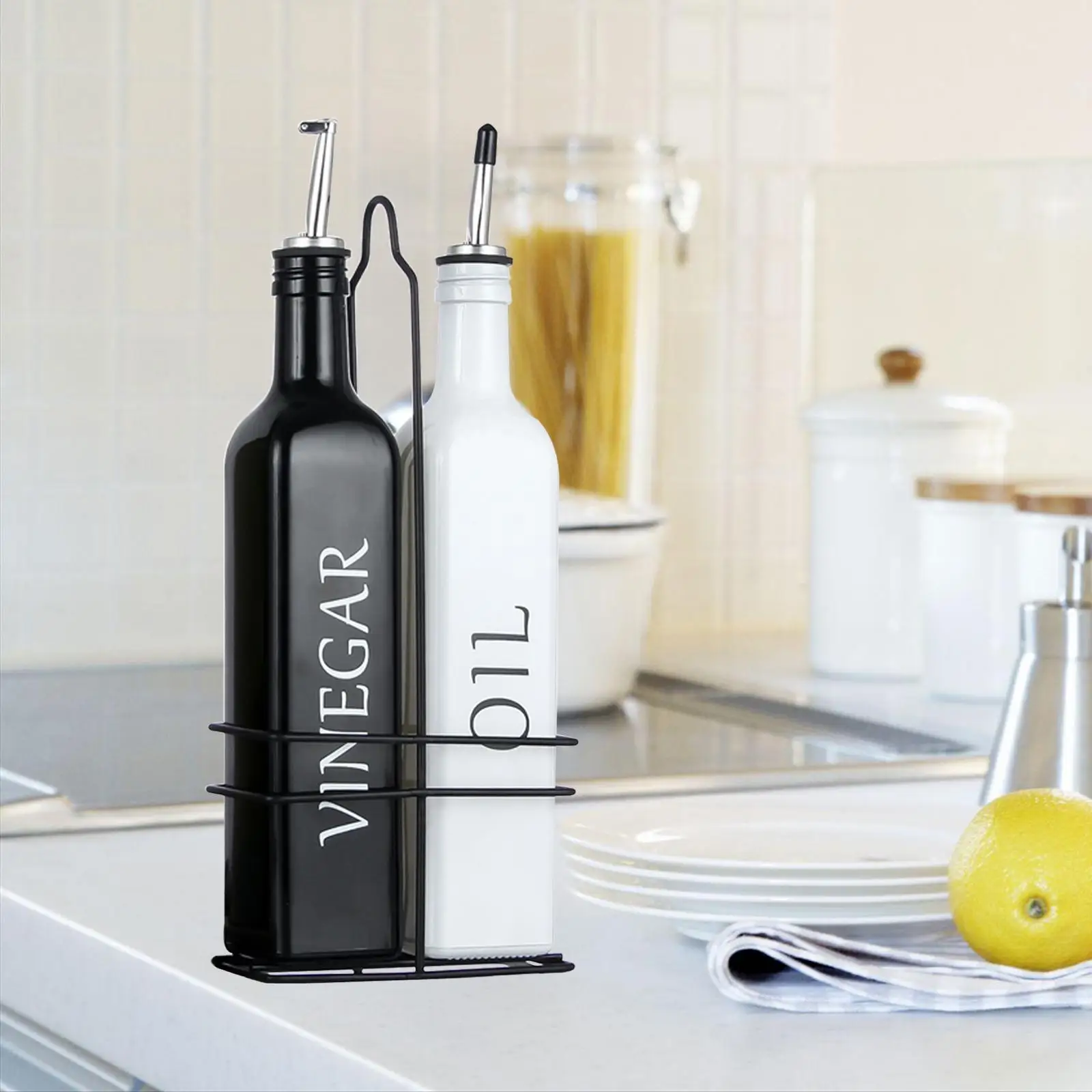 500ml 17oz Oil and Vinegar Dispenser Set with Caddy Holder Vinegar Bottle Black & White Dispenser Bottle Glass Set for Farmhouse 2