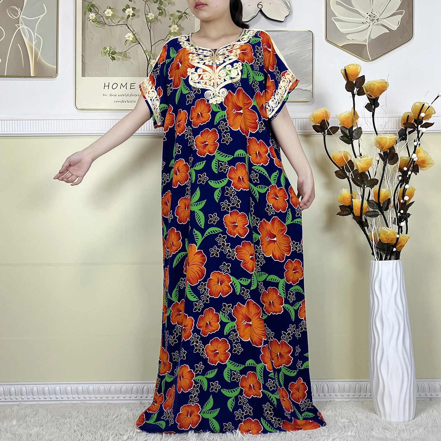 New Summer African Abayas For Women Dashiki Short Sleeves Dress Printed Cotton Floral Loose Robe Kaftan Women's Islam Clothing