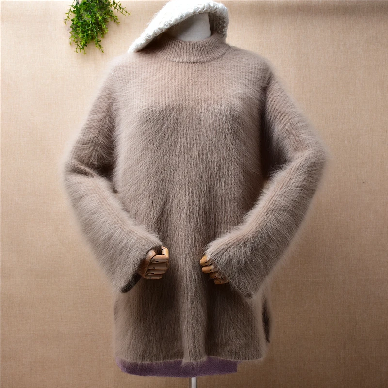

Ladies Women Fall Winter Thick Warm Striped Mink Cashmere Knitted Split Loose Pullover Angora Fur Jumper Sweater Pull Tops