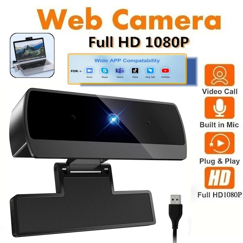 Webcam 1080P con Microfono, Videocamera Full HD per Videochiamate Zoom/Skype/Teams, Plug and Play per Windows e Mac