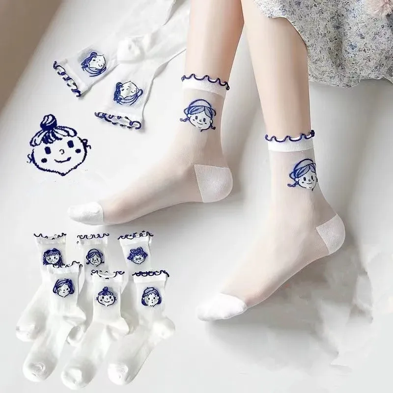 

Women Socks Summer Kawaii Girl Print Mesh Lolita Cute Socks with Ruffle Thin Middle Tube Transparent Girl Sweet Breathable Socks
