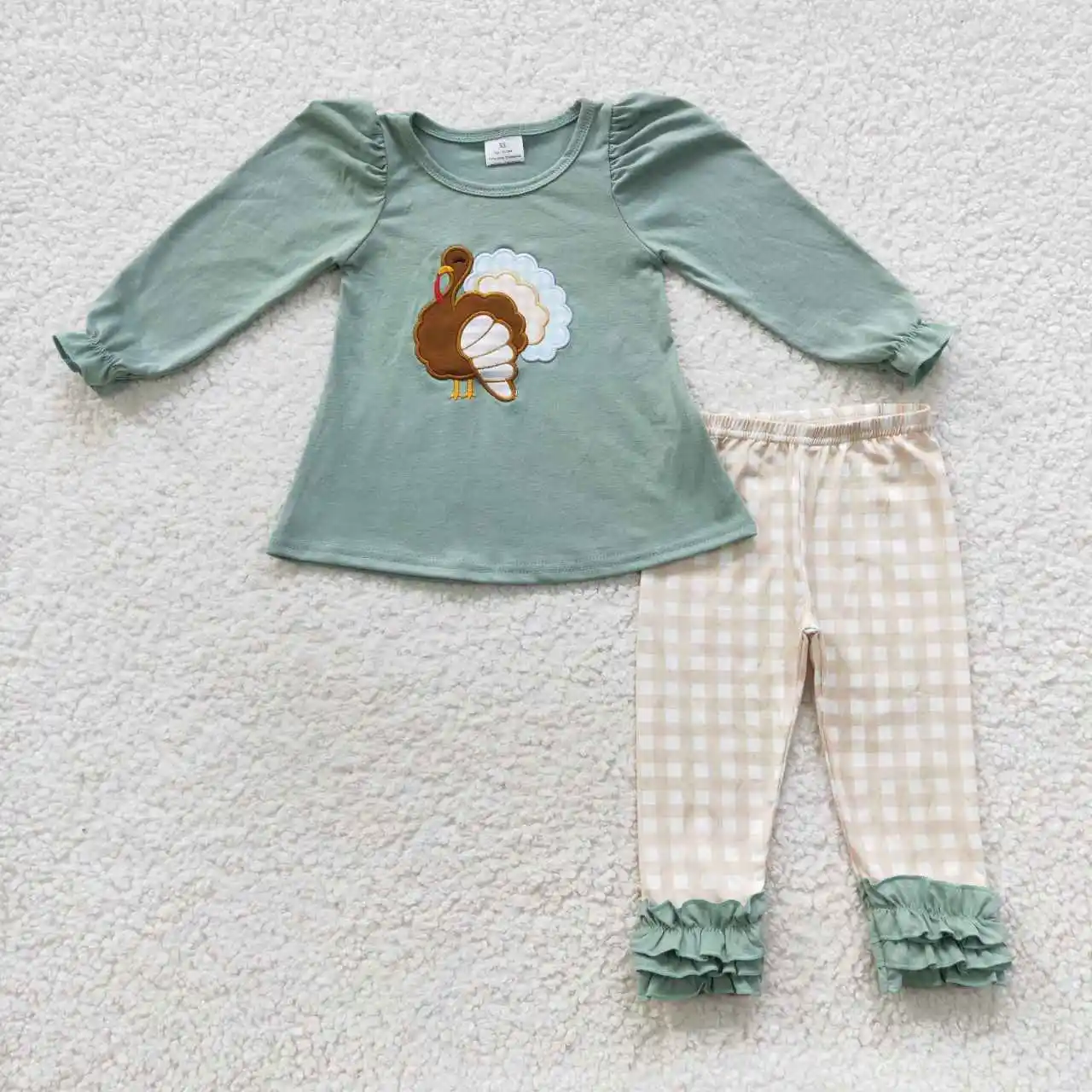 

Thanksgiving Girls Set Wholesale Boutique Clothing Embroidery Turkey Light Green Long Sleeve Yellow Plaid Trouser Set