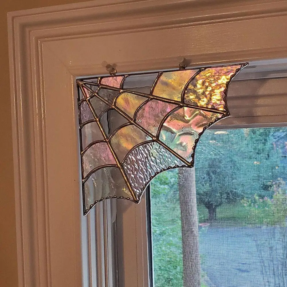 20x18cm Creative Spider Web Door Top Halloween Corner Spider Colored Glass For Home Window Hang Bedroom Living Room Door