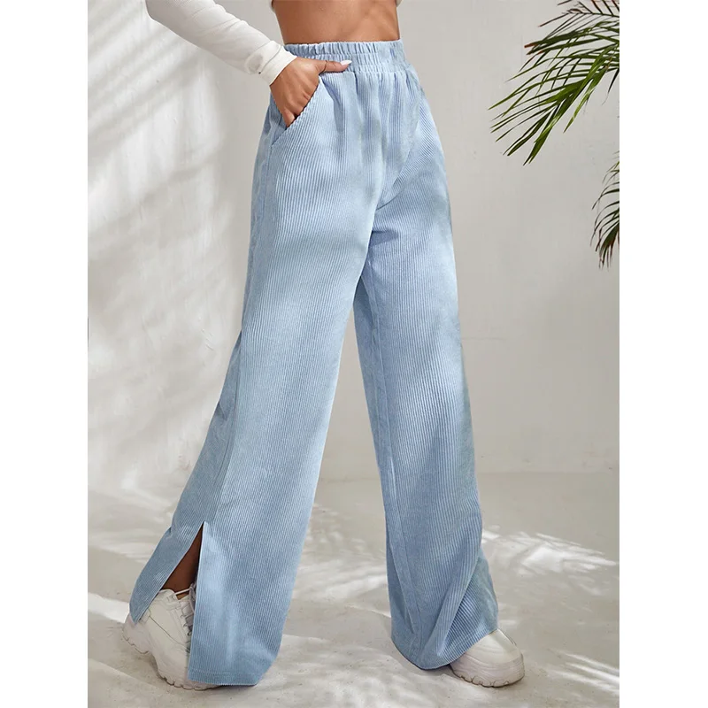 Autumn and Winter Solid Color Elastic High Waist Casual Pants Commuting Pockets Corduroy Spliced Split Hem Trousers for Women