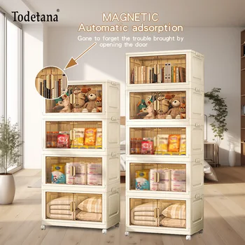 Plastic Folding Storage Cabinet with Lid Wheels, Large Capacity Stacked Home Organization Containers Clothes Toys Kitchen Bins 1