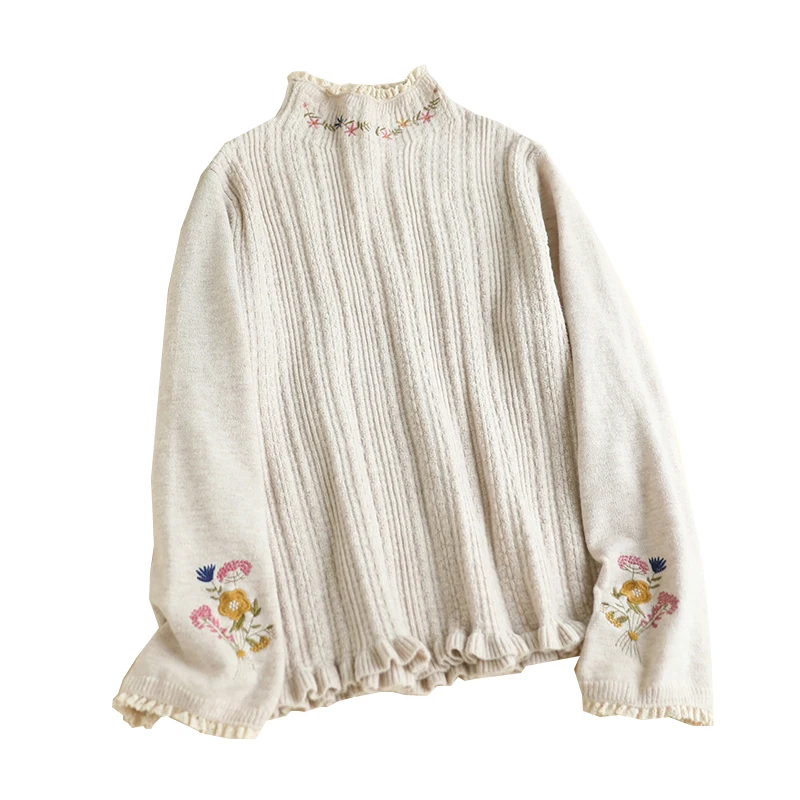 Autumn New Sweet Mock Neck Embroidered Pullovers Sweater Women Long Sleeve Casual Knitting Top Pullovers D259 6