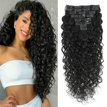 Water Wave Clip in Hair Extensions Real Human Hair Deep Curly Clip Ins for Women 8Pcs 120G Brazilian Remy Human Hair Extensions 1