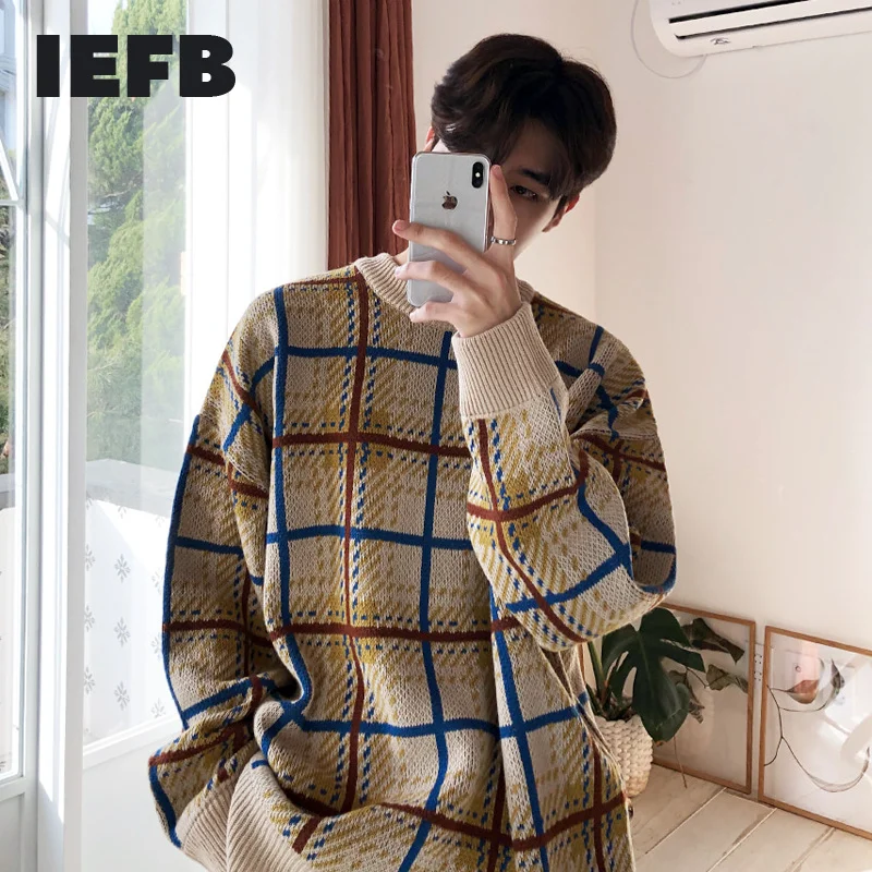 

Винтажный Мужской клетчатый пуловер в стиле пэчворк, свитер, корейская мода, свободный круглый вырез, длинные рукава, топы 3247