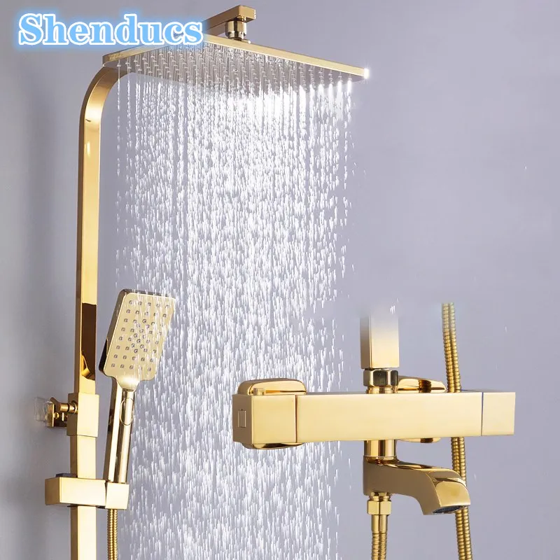 Thermostatic ห้องน้ําชุดฝักบัว 12 นิ้วหัวฝักบัวทองเหลืองห้องน้ําก๊อกน้ํา Gold Thermostatic ห้องน้ําระบบ 1