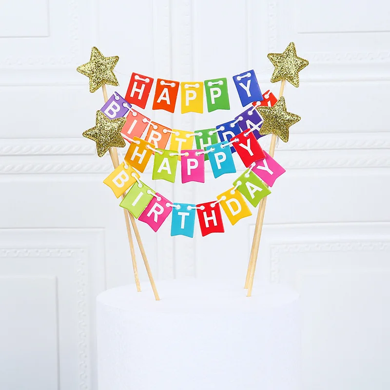 Neuer Happy Birthday Tortenaufsatz Kindergeschenk Dessert Bunte Ziehblumen-Flagge DIY Geburtstagstorten-Dekoration Baby-Shower