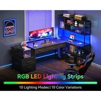 79 inch L Shaped Desk with File Drawers, Reversible L Shaped Gaming Desk with Power Outlets & LED Lights, Computer Desk wit 1