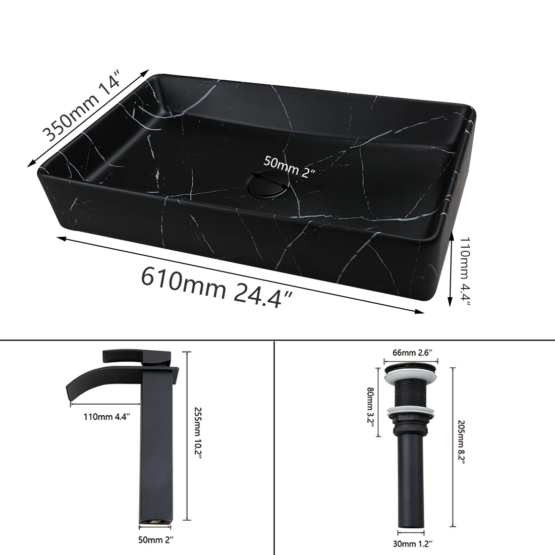 KEMAIDI Black Vanity Sink Rectangle Marble Bathroom Vessel Sink Above Counter Sinks for Bathrooms Porcelain Lavatory Faucet Set 3