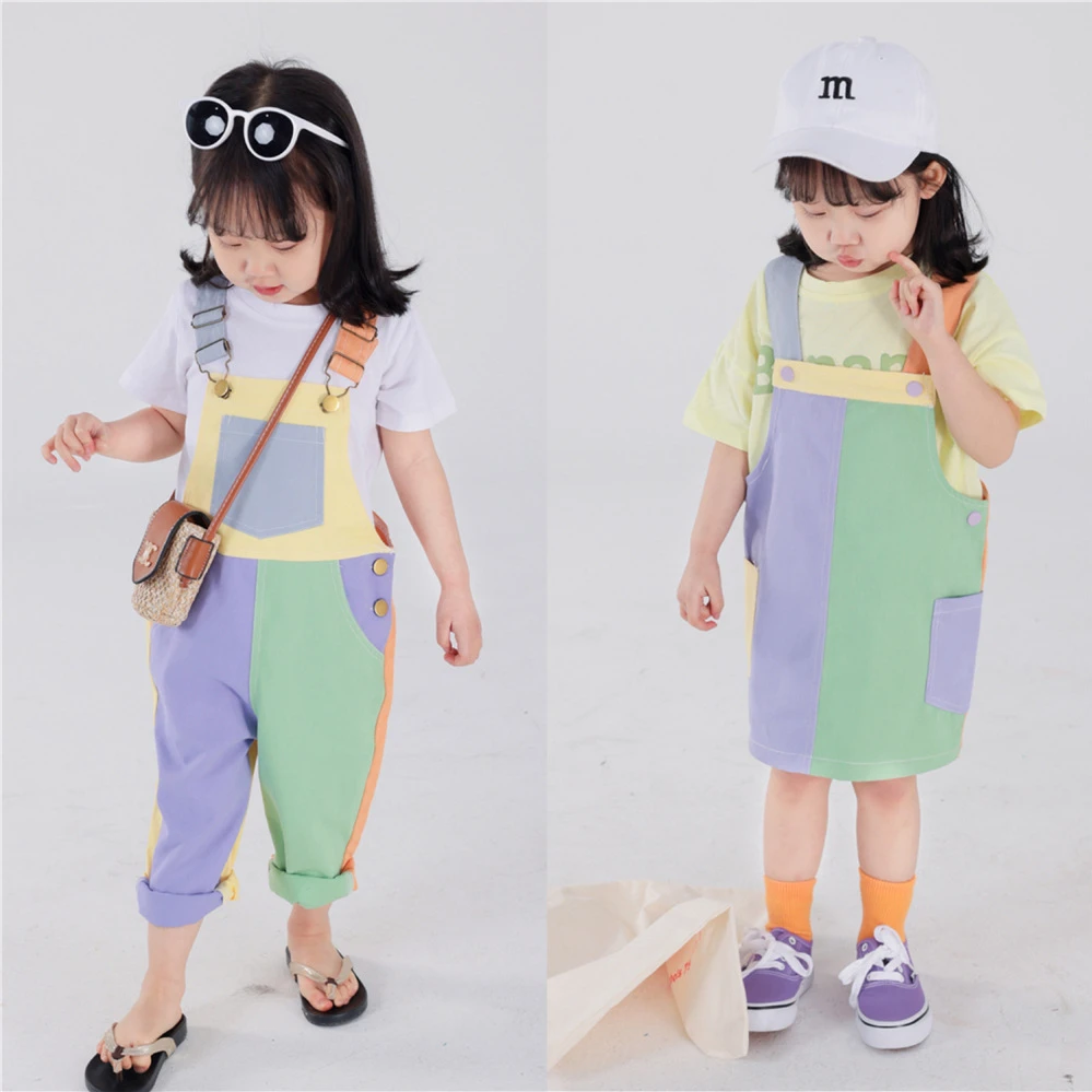 

6604C Children Clothes Brother Sister Clothes 2023 Summer Color Matching Boy's Strap Pant Cotton Girl's Strap Skirt Overskirt