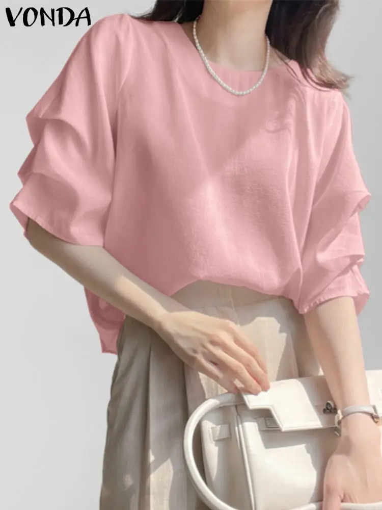 

2024 VONDA Summer Women Blouse Shirts Elegant Solid Color Tops Casual Loose Three Quarter Fashion OL Office Blusas Femininas