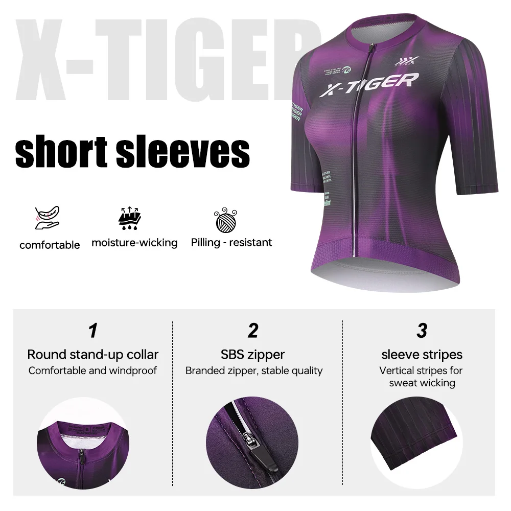 X-TIGER 여성용 사이클링 저지 반팔 통기성 사이클링 탑 빠른 건조 풀 지퍼 팀 마운틴 MTB 자전거 저지 셔츠