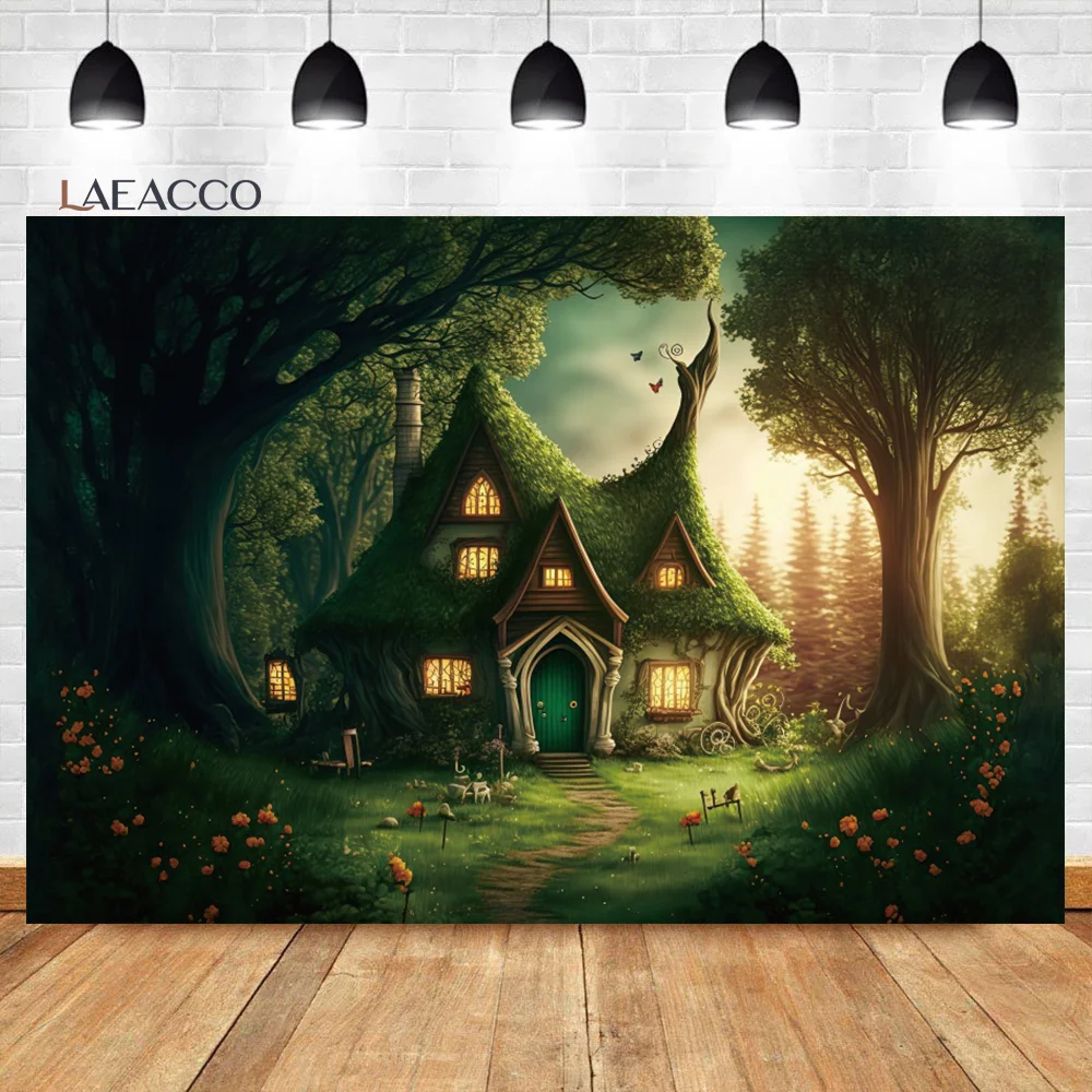 

Laeacco Fairy Tale Forest Wonderful Wooden House Photography Background Fantasy Jungle Butterfly Kids Birhday Portrait Backdrop