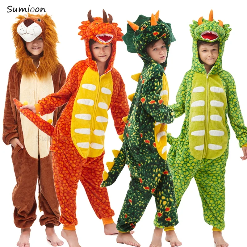 Kids Onesies Halloween Dinosaur Animal Cartoon Hooded Jumpsuits Kigurumi Dragon Pijama Panda Sleepwear Adult Onesie Boy