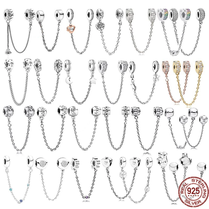 

Sparkling Hearts Safety Chain Charm Bead Family Forever Silver 925 Fit Original Pandora Bracelet Bangle Women Jewelry Gift