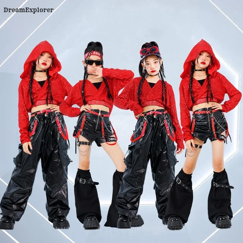 Mädchen Pailletten Crop Hoodies Street Dance Cargo Hosen Kinder Hip Hop Röcke Jazz Shorts Kleidung Sets Kind Streetwear K-pop kostüme