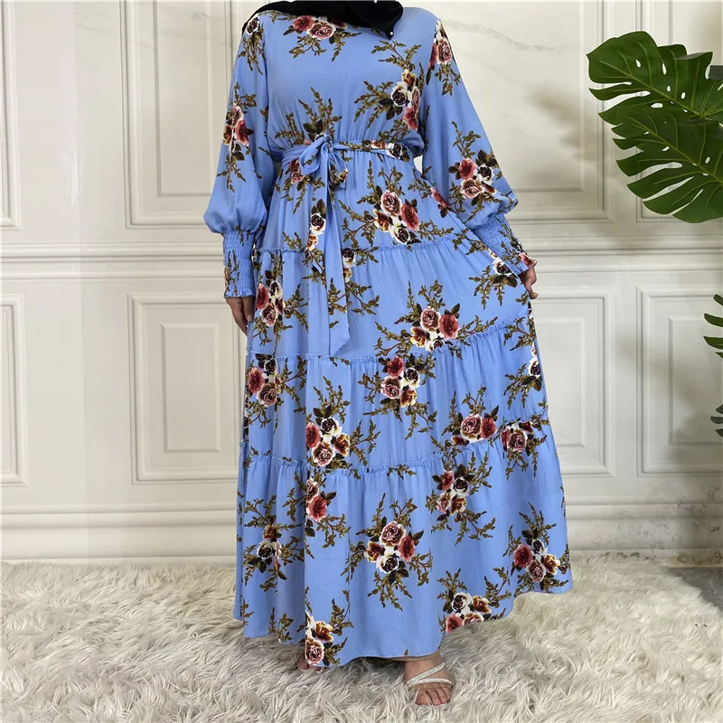 

Ramadan Abayas Muslim Women Floral Print Maxi Dress Turkey Arab Islam Kaftan Robe With Belted Femme Dubai Jalabiya Gown Vestidos