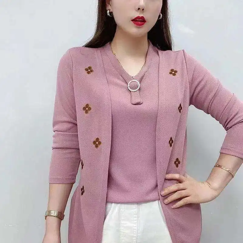 

Fashion Elegant Embroidery Fake Two Pieces Tops Casual Solid Color V-Neck Long Sleeve T-shirt Spring Autumn Womens Clothing