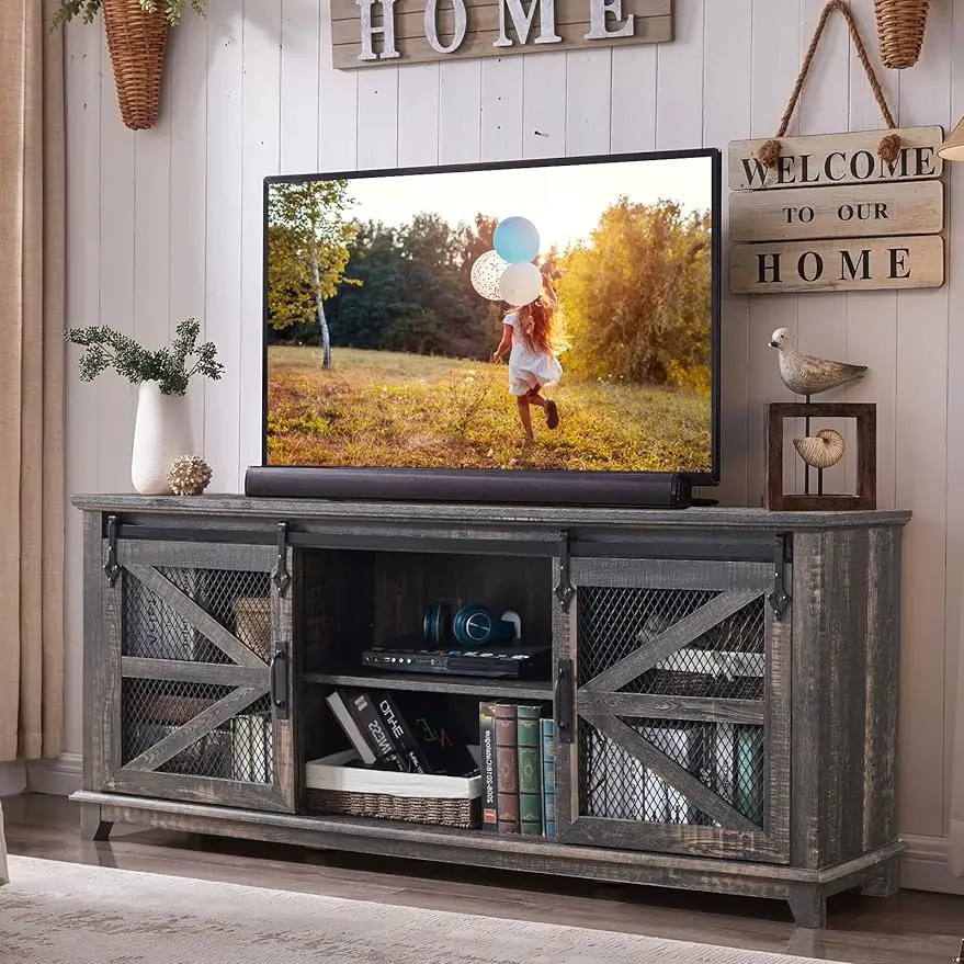 

Farmhouse TV Stand for 75 Inch TV,Industrial &Farmhouse Media Entertainment Center w/Sliding Barn Door,Rustic TV Console Cabinet