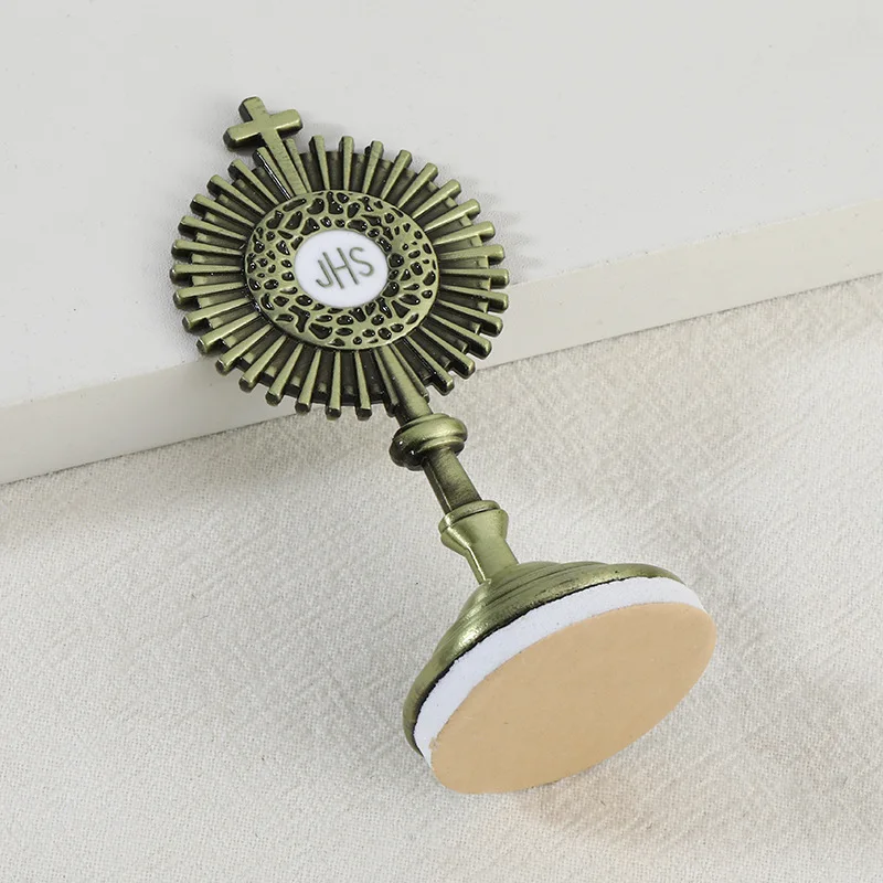 Elegant Metal Art Craft Eucharist Monstrance - Home Office Desk Decor & Car Dashboard Religious Ornament with Detachable Base