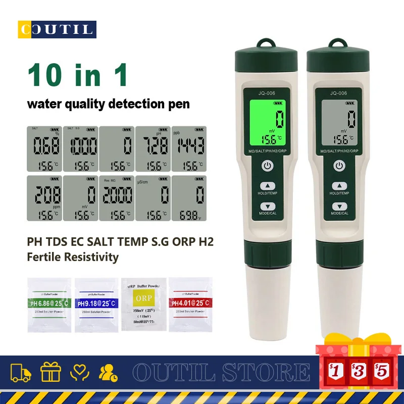 

Тестер качества воды 10 в 1, PH TDS EC, солевая температура, s. G ORP H2, ручка детектора плодородной сопротивления для аквариума, бассейна