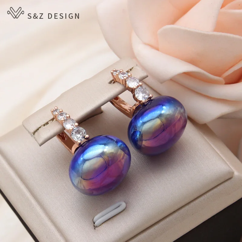 S&Z DESIGN New Fashion Luxury Colorful Beads Dangle Earrings For Women Cubic Zirconia Jewelry 585 Rose Gold Color Eardrop Gift
