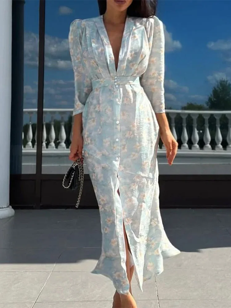 Fashion Printed V-Neck Bubble Sleeves Long Dress Women Cinched Waist  Pleated Slit Single Breasted Robes Elegant Lady New Dresses - AliExpress  200000345