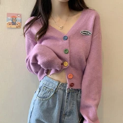 Sweaters Women Cropped Cardigan Lovely Colorful Button Design Fashion Chic Spring Sexy V-neck Ladies Knitwear Simple Soft Purple
