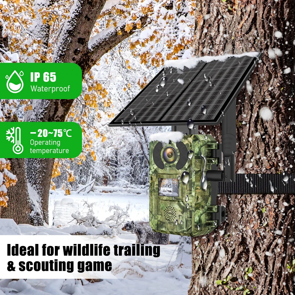 4G Sim Card LTE Cellular 4W Solar 7800mAh Battery Outdoor Hunting Trail Motion Activated Night Vision 4MP IP66 Wildlife Camera