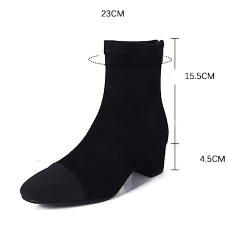 Kcenid High Quality Stretch Slim Ankle Boots Women Gold Round Toe Square Heeled Women's Boots Zipper Ladies Shoes Autumn Winter