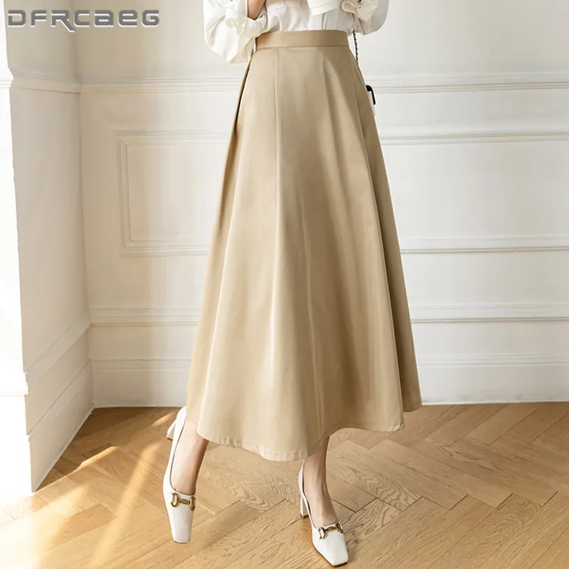 

Elegant Solid Office Work OL Big Swing Long Skirts Woman 2022 High Waist Korean Style All-Match Maxi Skirt Lady