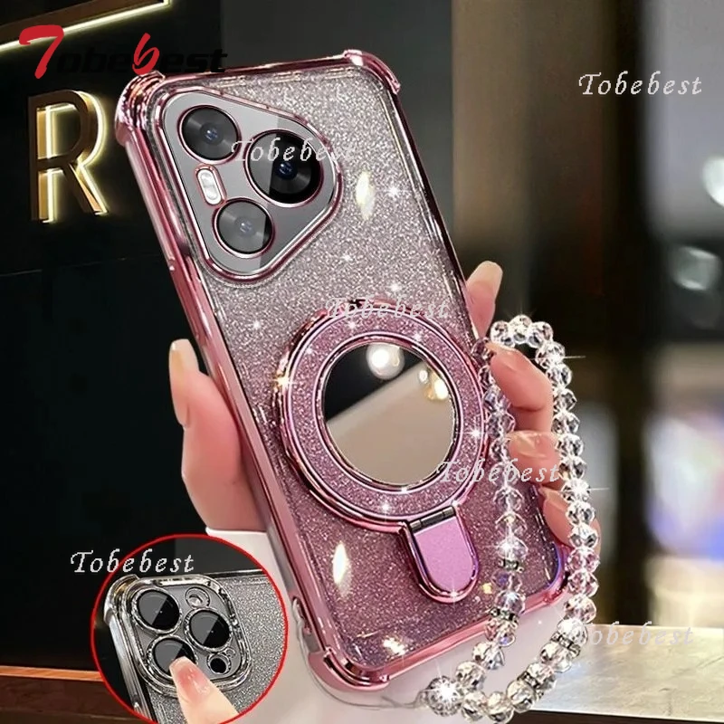 Glitter Plating Mirror Magnetic Phone Holder Bracelet Case Cover