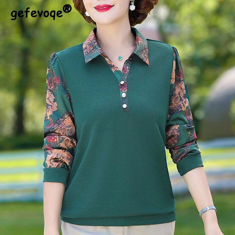 

Women's Clothing 2023 Autumn Fashion Floral Print Patchwork Button Elegant T Shirt Casual Lapel Long Sleeve Loose Pullover Tops