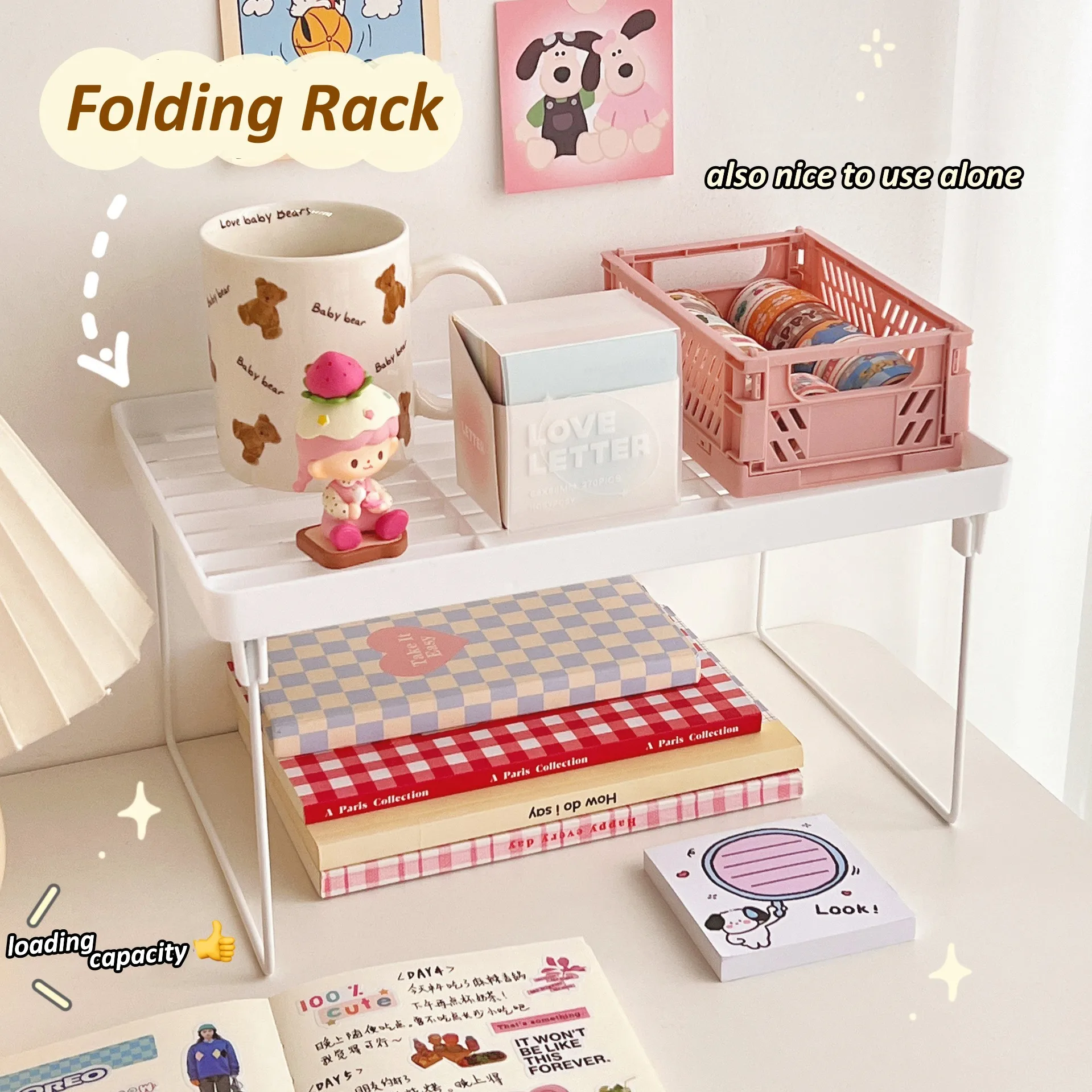 Korean Ins Desktop Folding Storage Rack White Stationery Organizer Student Desk Storage Holder Dormitory Office Cosmetics Shelf