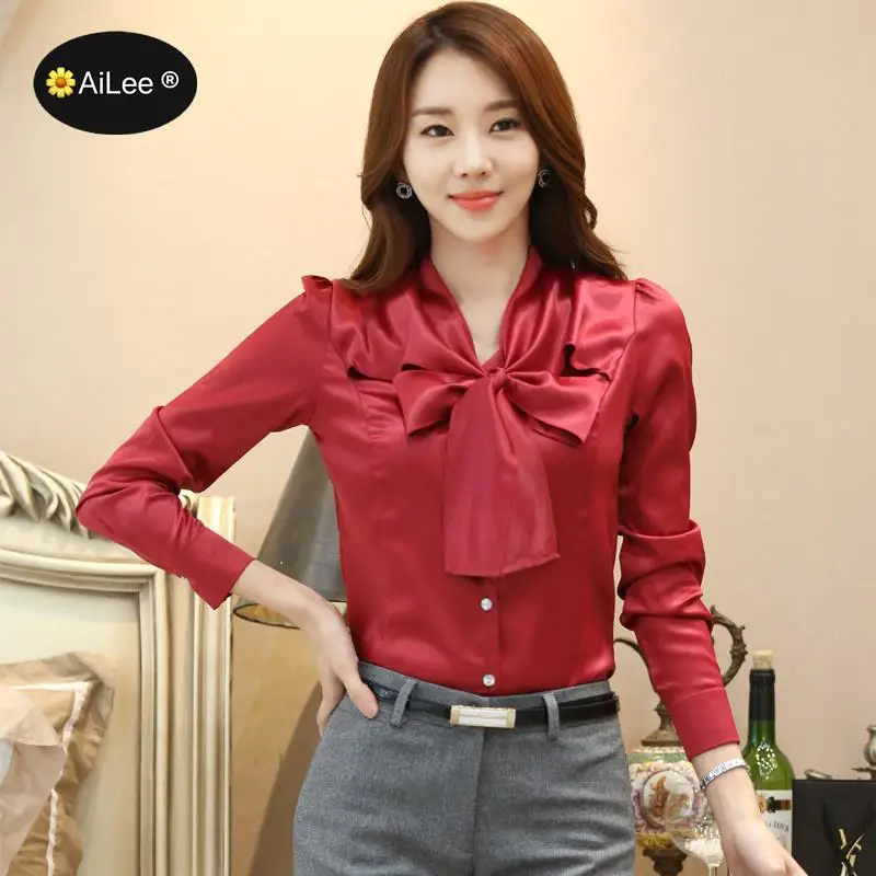 Wine Red Silk Shirt Women Bow Neck Design Chiffon Long Sleeve Fashion Satin Blouses Office Ladies Temperament Loose Work Tops