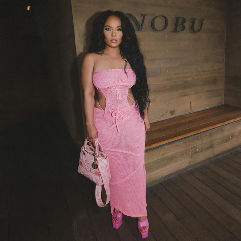 

Женский трикотажный комплект из двух предметов, однотонный бандажный кроп-топ с открытыми плечами и открытой спиной и юбка миди, клубный костюм