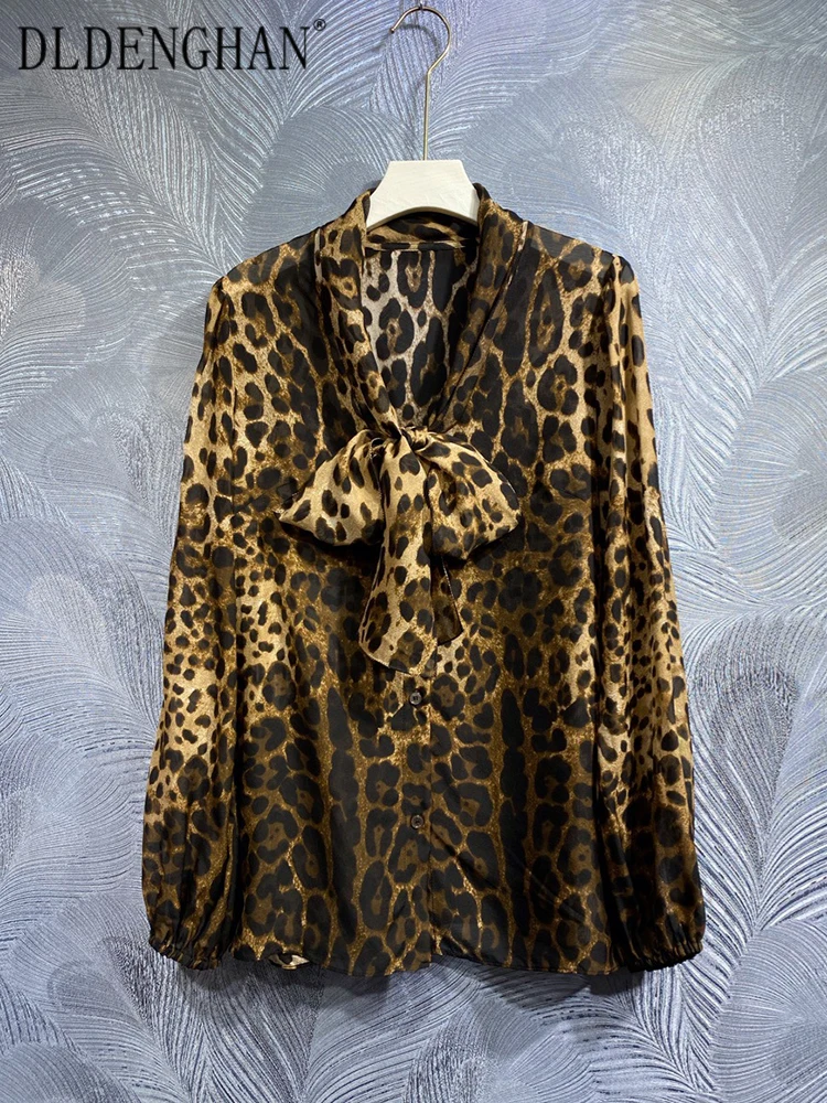 

DLDENGHAN Autumn Silk Shirt Women Lace-up Collar Lantern Sleeve Single Breasted Leopard Print Vintage Shirt Fashion Designer New