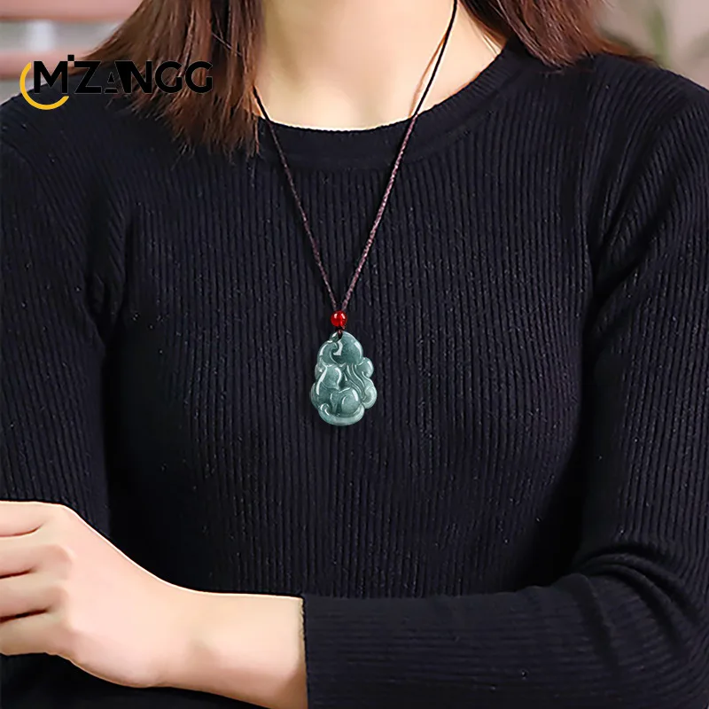 Authentic Natural Jadeite Blue Water Nine Tail Fox Fairy Pendant Exquisite Luxury Charm Women Jewelry Necklace Mascot